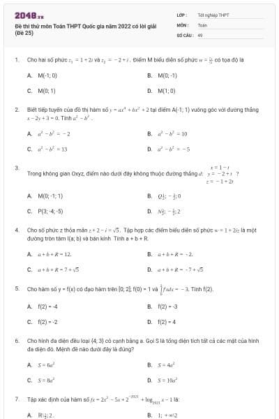 Đề thi thử môn Toán THPT Quốc gia năm 2022 có lời giải (Đề 25)