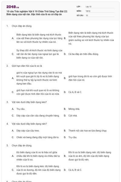 10 câu Trắc nghiệm Vật lí 10 Chân Trời Sáng Tạo Bài 22: Biến dạng của vật rắn. Đặc tính của lò xo có đáp án