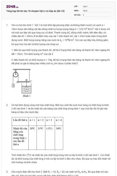Tổng hợp Đề thi vào 10 chuyên Vật Lí có đáp án (Đề 10)