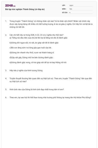 Bài tập trắc nghiệm Thánh Gióng (có đáp án)