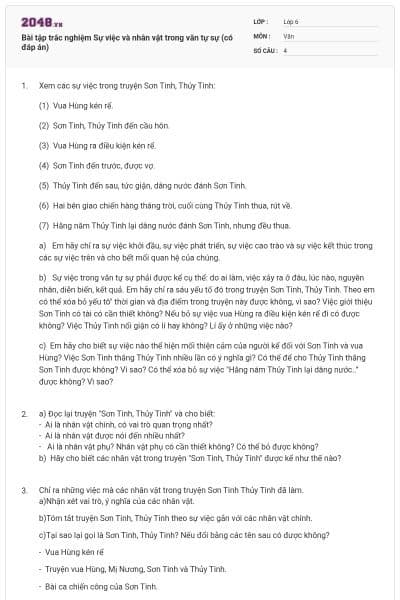Bài tập trắc nghiệm Sự việc và nhân vật trong văn tự sự (có đáp án)