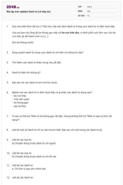 Bài tập trắc nghiệm Danh từ (có đáp án)