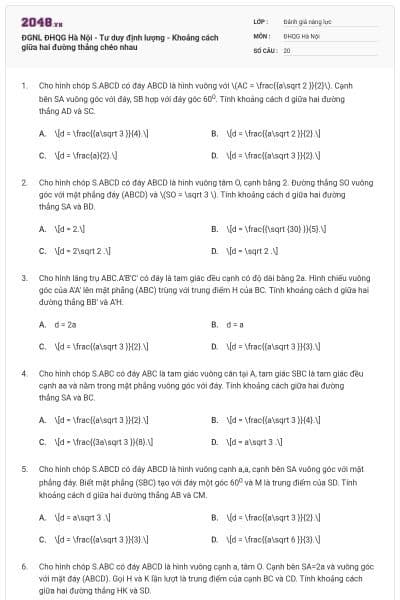 ĐGNL ĐHQG Hà Nội - Tư duy định lượng - Khoảng cách giữa hai đường thẳng chéo nhau
