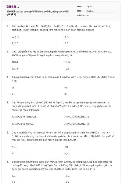 200 Bài tập Đại cương về Kim loại cơ bản, nâng cao có lời giải (P1)