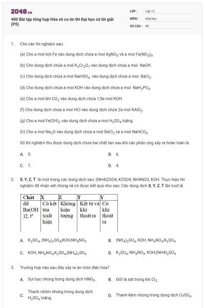 400 Bài tập tổng hợp Hóa vô cơ ôn thi Đại học có lời giải (P5)