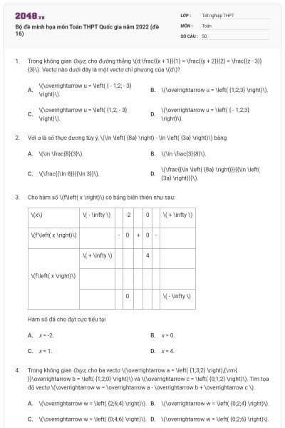 Bộ đề minh họa môn Toán THPT Quốc gia năm 2022 (đề 16)