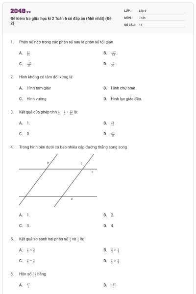 Đề kiểm tra giữa học kì 2 Toán 6 có đáp án (Mới nhất) (Đề 2)