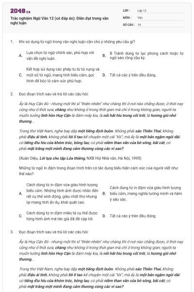 Trắc nghiệm Ngữ Văn 12 (có đáp án): Diễn đạt trong văn nghị luận
