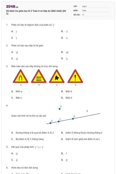 Đề kiểm tra giữa học kì 2 Toán 6 có đáp án (Mới nhất) (Đề 3)
