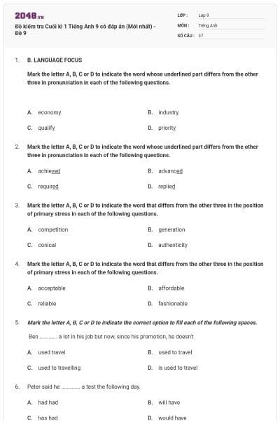 Đề kiểm tra Cuối kì 1 Tiếng Anh 9 có đáp án (Mới nhất) - Đề 9