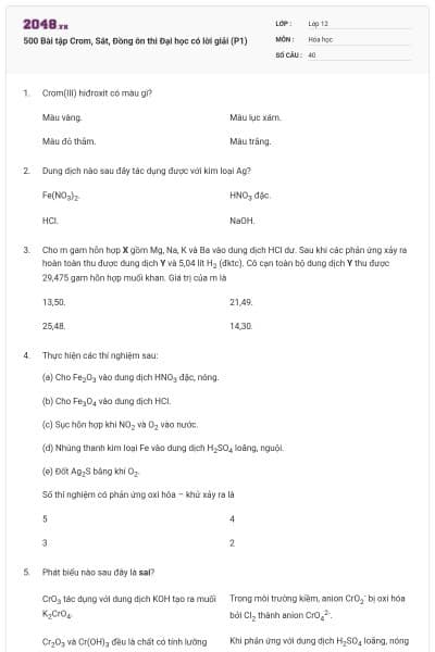 500 Bài tập Crom, Sắt, Đồng ôn thi Đại học có lời giải (P1)