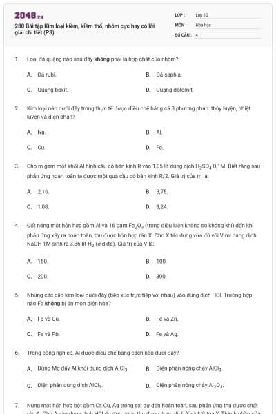 280 Bài tập Kim loại kiềm, kiềm thổ, nhôm cực hay có lời giải chi tiết (P3)