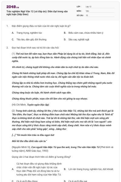 Trắc nghiệm Ngữ Văn 12 (có đáp án): Diễn đạt trong văn nghị luận (tiếp theo)