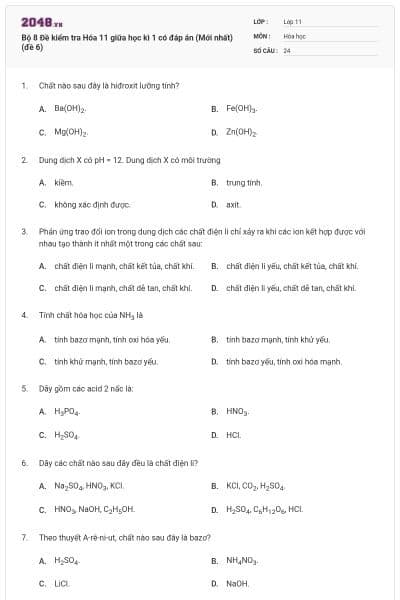 Bộ 8 Đề kiểm tra Hóa 11 giữa học kì 1 có đáp án (Mới nhất) (đề 6)