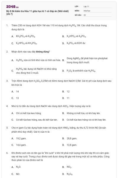 Bộ 8 Đề kiểm tra Hóa 11 giữa học kì 1 có đáp án (Mới nhất) (đề 7)