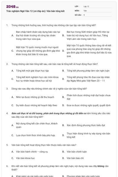 Trắc nghiệm Ngữ Văn 12 (có đáp án): Văn bản tổng kết