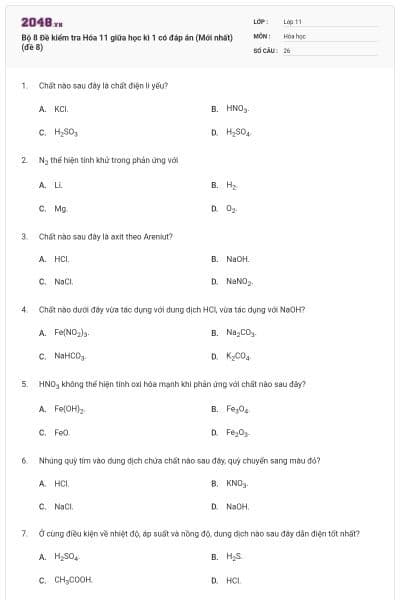 Bộ 8 Đề kiểm tra Hóa 11 giữa học kì 1 có đáp án (Mới nhất) (đề 8)