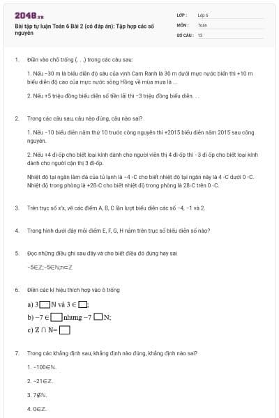 Bài tập tự luận Toán 6 Bài 2 (có đáp án): Tập hợp các số nguyên