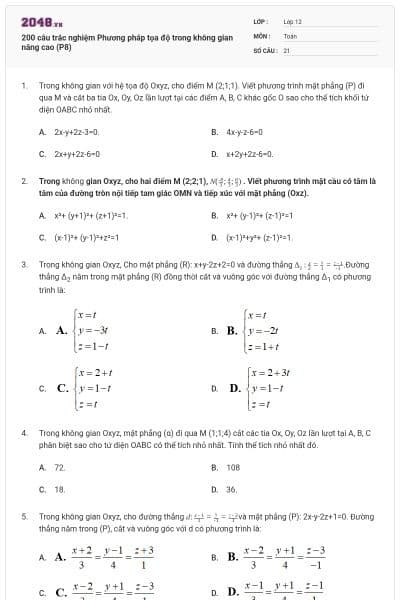 200 câu trắc nghiệm Phương pháp tọa độ trong không gian nâng cao (P8)