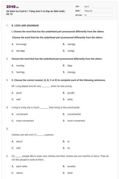 Đề kiểm tra Cuối kì 1 Tiếng Anh 9 có đáp án (Mới nhất) - Đề 10