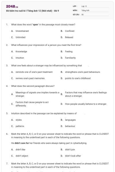Đề kiểm tra cuối kì I Tiếng Anh 12 (Mới nhất) - Đề 9