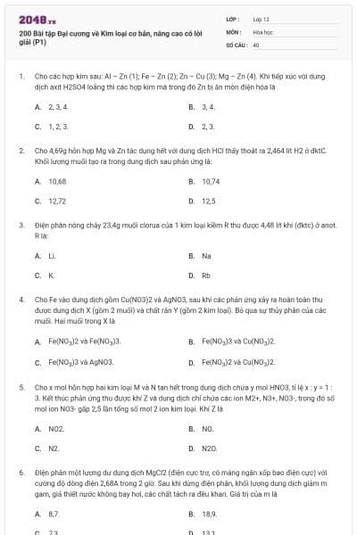 200 Bài tập Đại cương về Kim loại cơ bản, nâng cao có lời giải (P1)