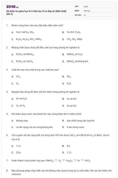 Đề kiểm tra giữa học kì 2 Hóa học 8 có đáp án (Mới nhất) (Đề 2)