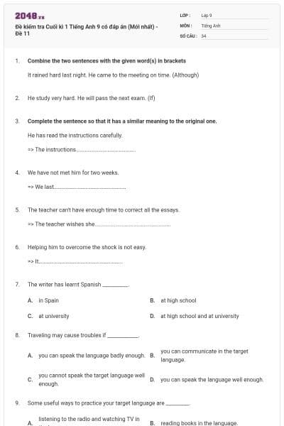 Đề kiểm tra Cuối kì 1 Tiếng Anh 9 có đáp án (Mới nhất) - Đề 11