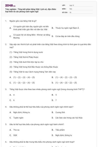 Trắc nghiệm : Tổng kết phần tiếng Việt: Lịch sử, đặc điểm loại hình và các phong cách ngôn ngữ