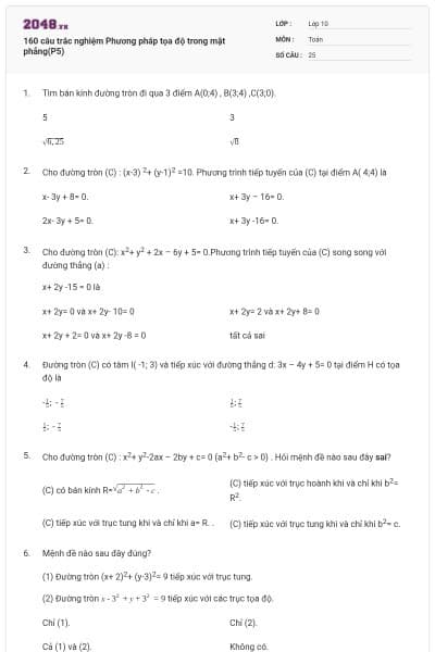 160 câu trắc nghiệm Phương pháp tọa độ trong mặt phẳng(P5)