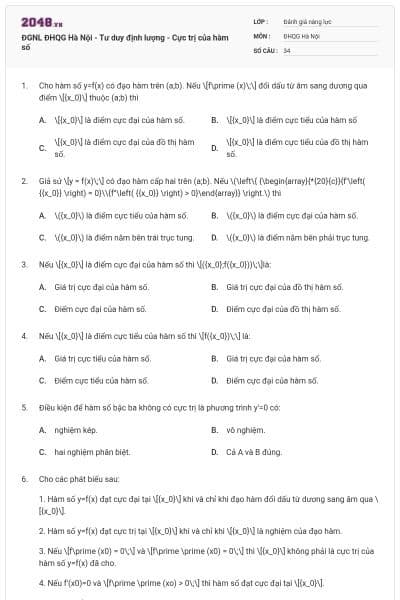 ĐGNL ĐHQG Hà Nội - Tư duy định lượng - Cực trị của hàm số