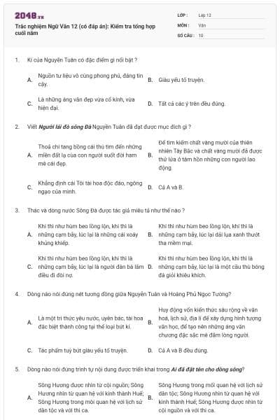 Trắc nghiệm Ngữ Văn 12 (có đáp án): Kiểm tra tổng hợp cuối năm
