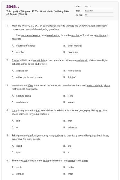 Trắc nghiệm Tiếng anh 12 Tìm lỗi sai - Mức độ thông hiểu có đáp án (Phần 1)