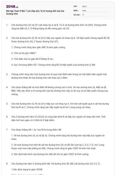 Bài tập Toán 9 Bài 7 (có đáp án): Vị trí tương đối của hai đường tròn