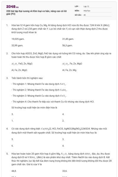 200 bài tập Đại cương về Kim loại cơ bản, nâng cao có lời giải (P3)