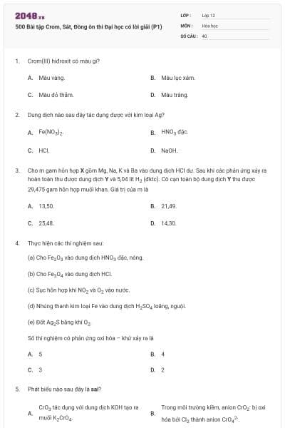 500 Bài tập Crom, Sắt, Đồng ôn thi Đại học có lời giải (P1)