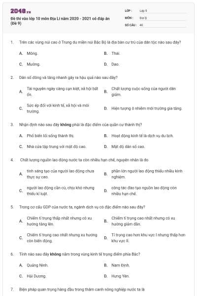 Đề thi vào lớp 10 môn Địa Lí năm 2020 - 2021 có đáp án (Đề 9)