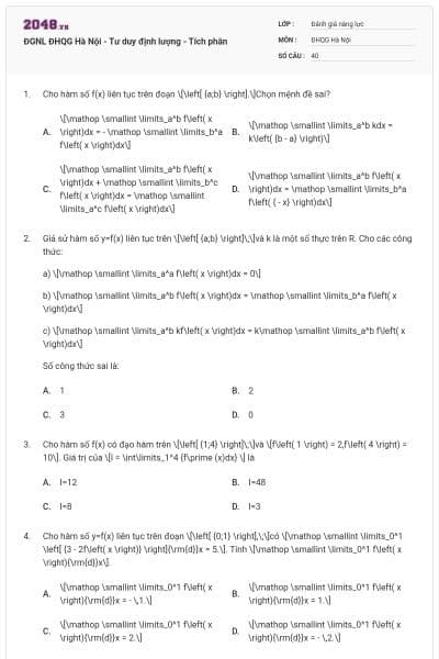 ĐGNL ĐHQG Hà Nội - Tư duy định lượng - Tích phân