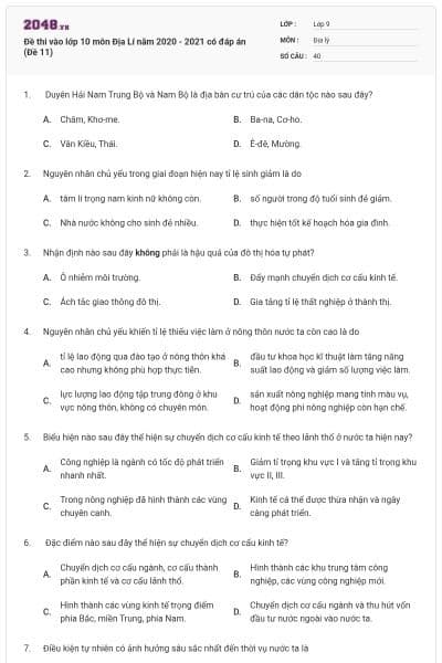 Đề thi vào lớp 10 môn Địa Lí năm 2020 - 2021 có đáp án (Đề 11)