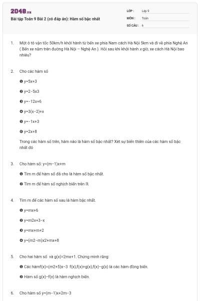 Bài tập Toán 9 Bài 2 (có đáp án): Hàm số bậc nhất