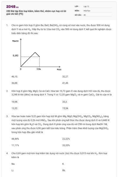 280 Bài tập Kim loại kiềm, kiềm thổ, nhôm cực hay có lời giải chi tiết (P5)