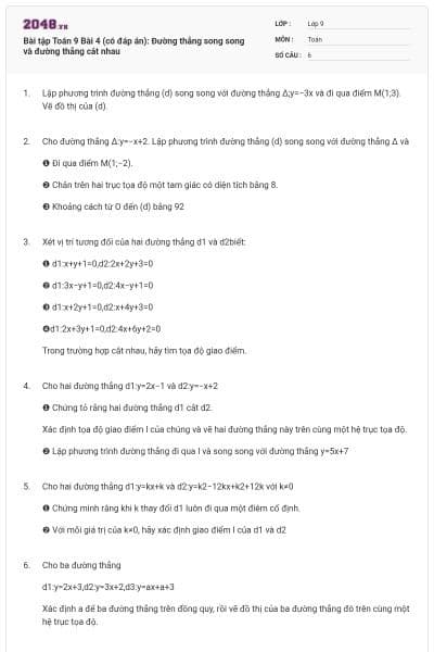 Bài tập Toán 9 Bài 4 (có đáp án): Đường thẳng song song và đường thẳng cắt nhau