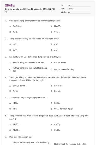 Đề kiểm tra giữa học kì 2 Hóa 12 có đáp án (Mới nhất) (Đề 7)