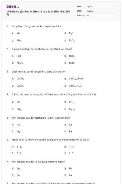 Đề kiểm tra giữa học kì 2 Hóa 12 có đáp án (Mới nhất) (Đề 9)
