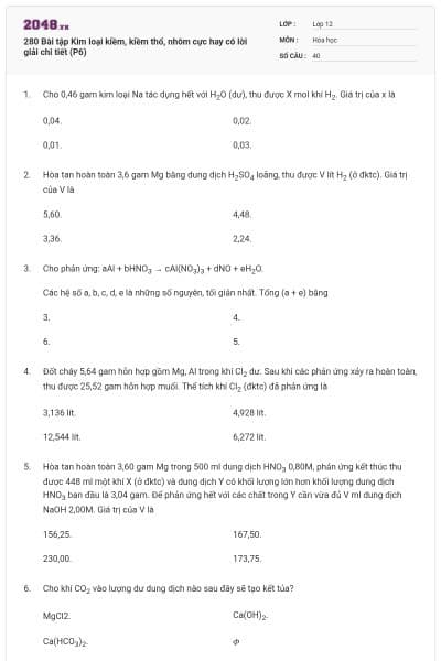 280 Bài tập Kim loại kiềm, kiềm thổ, nhôm cực hay có lời giải chi tiết (P6)