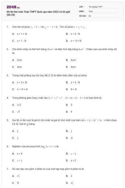 Đề thi thử môn Toán THPT Quốc gia năm 2022 có lời giải (Đề 26)