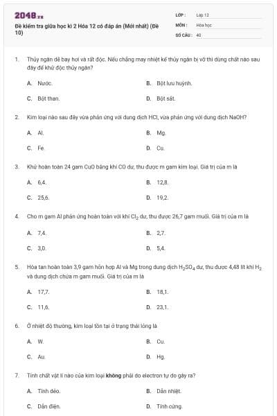 Đề kiểm tra giữa học kì 2 Hóa 12 có đáp án (Mới nhất) (Đề 10)