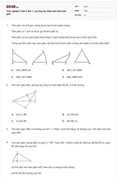 Trắc nghiệm Toán 5 Bài 1: (có đáp án) Diện tích hình tam giác