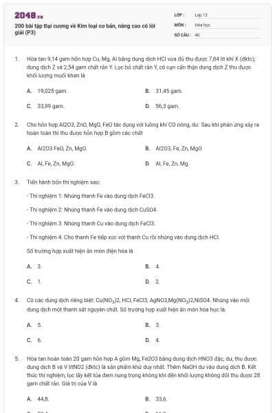 200 bài tập Đại cương về Kim loại cơ bản, nâng cao có lời giải (P3)