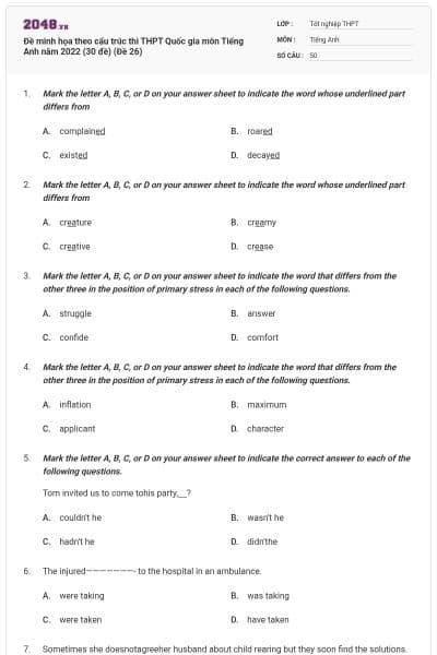 Đề minh họa theo cấu trúc thi THPT Quốc gia môn Tiếng Anh năm 2022 (30 đề) (Đề 26)